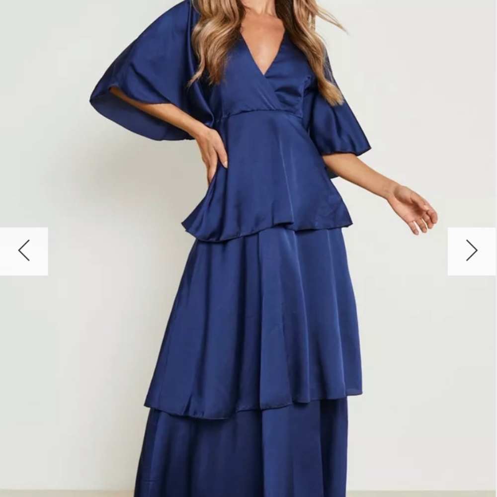Boohoo navy blue satin layered maxi dress size 14